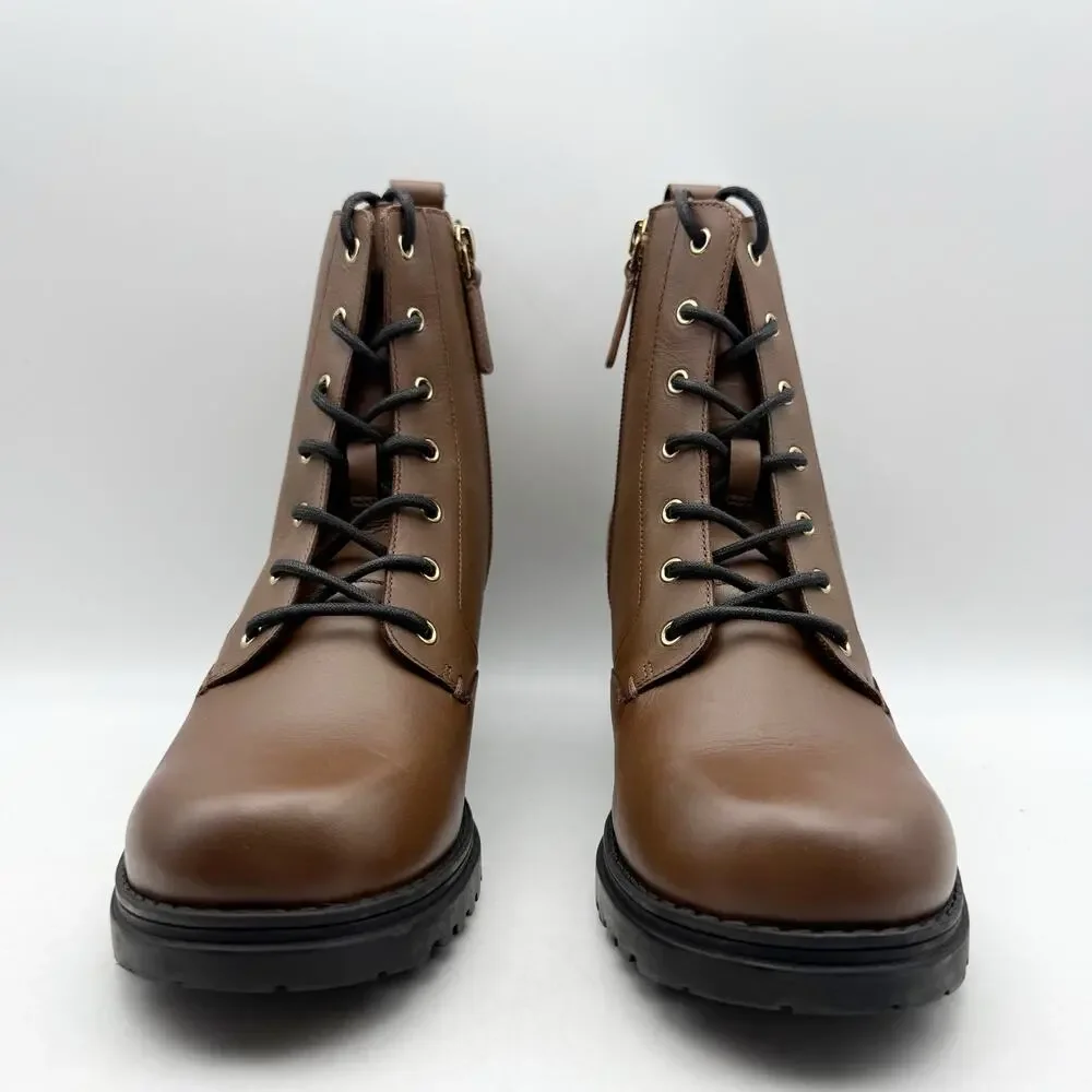 Cole Haan Womens Camea Combat Boots US 7 Brown Leather Zip Side Waterproof NWOB - Picture 6 of 12
